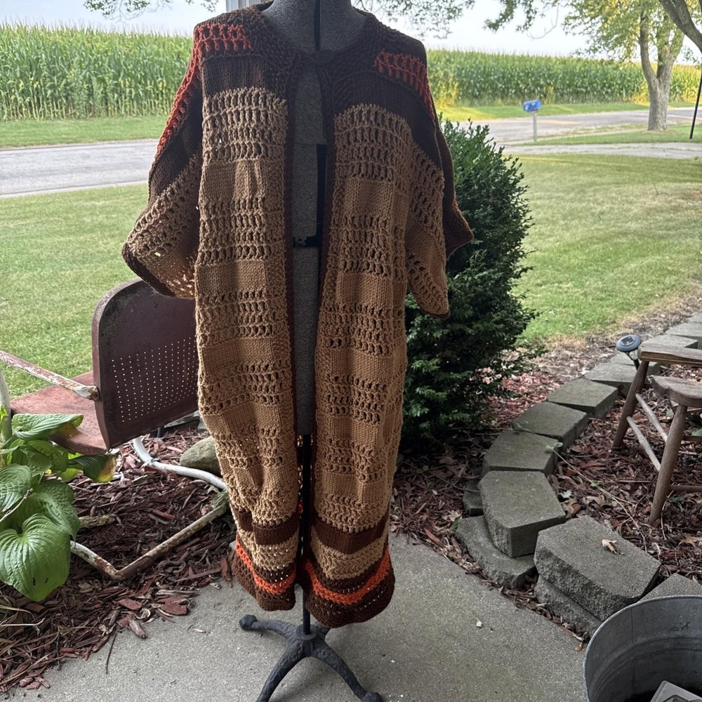 Handmade Crocheted Cardigan Oversized Brown/Tan/Orange Open Front 1 Button